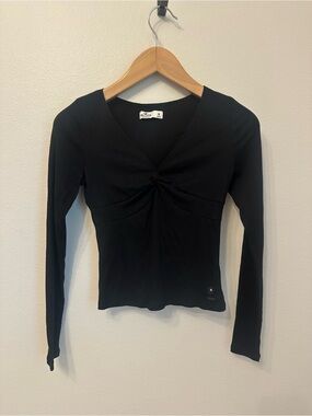 Hollister Black Long-Sleeve Twist Front V-Neck Babydoll Top Y2K Style